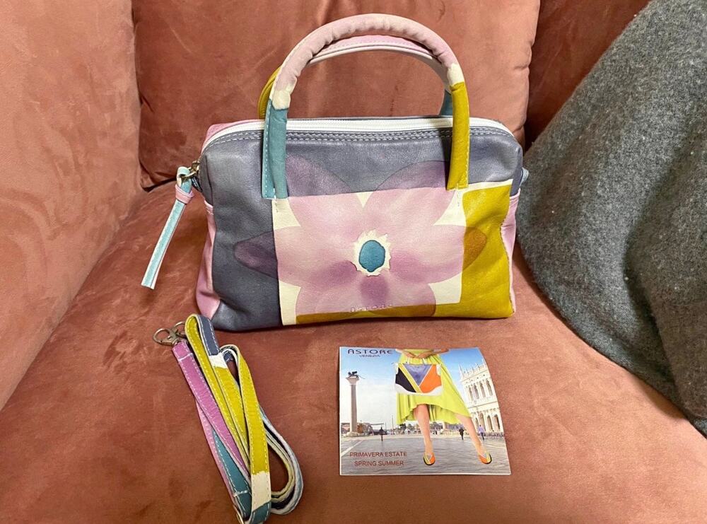 Astore Venezia Hand-Painted Italian Leather Colorblock Floral Handbag